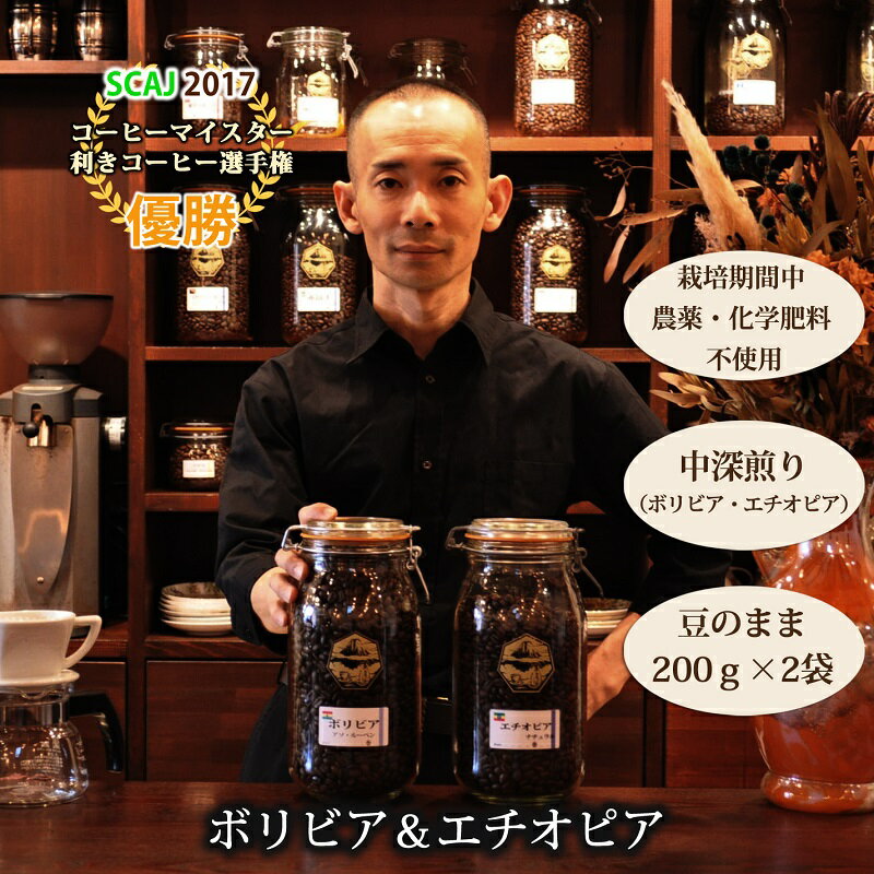 【ふるさと納税】【オーガニックコーヒー】豆・ボリビア＆エチオピア｜中深煎り｜赤富士珈琲｜利き珈琲チャンピオン厳選　送料無料 静岡県 富士宮市