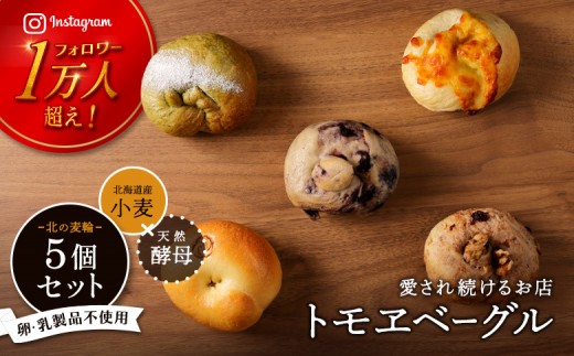 
                  トモヱベーグル ギフトセット「北の麦輪（むぎわ）5個セット」 ベーグル 5個 セット パン 国産小麦粉 北海道産 小麦粉 天然酵母 トモヱベーグル ギフトセット 取り寄せ ふるさと納税 北海道 恵庭市 恵庭【33005AA0101】
                
