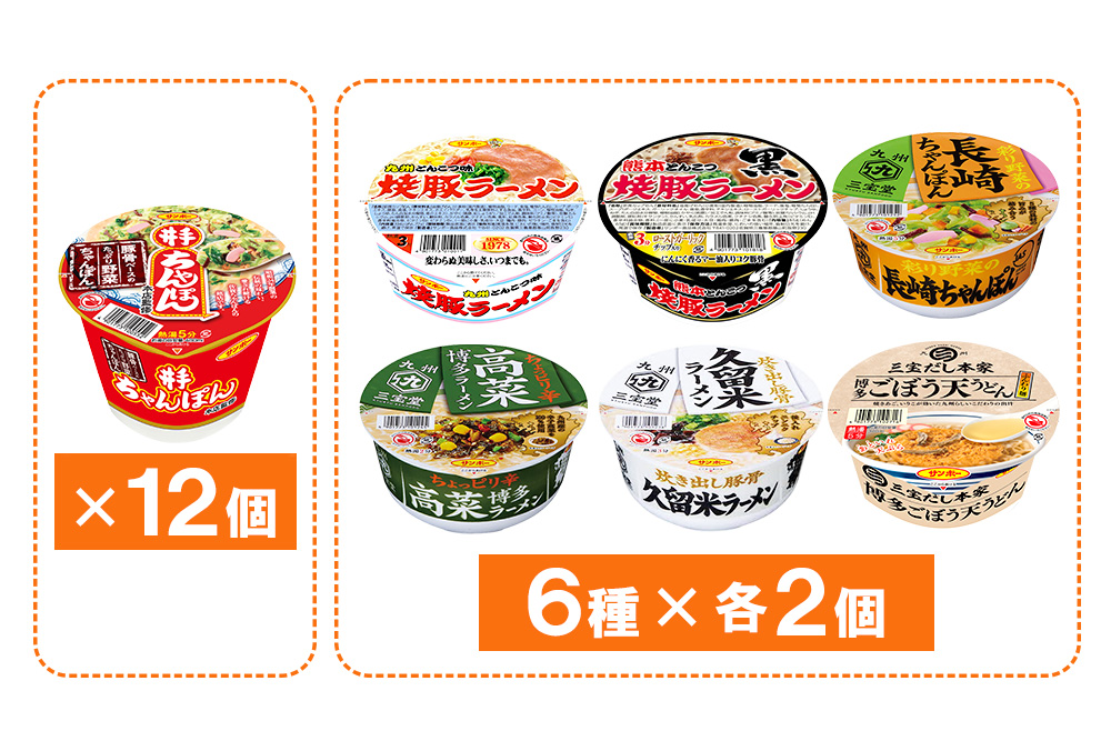 井手ちゃんぽん・カップ麺詰合せ 各1ケース(計24個)【サンポー食品 カップラーメン 焼豚ラーメン 長浜とんこつ 熊本とんこつ 高菜博多ラーメン 久留米ラーメン 博多ごぼう天うどん 麺】K001085