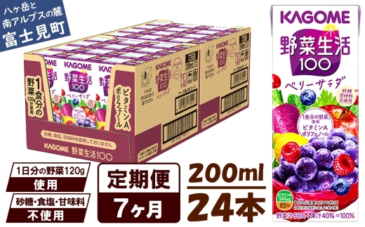 【 定期便 7ヶ月 】 カゴメ 野菜生活100 ベリーサラダ 200ml×24本 ジュース 野菜 果実ミックスジュース 果汁飲料 紙パック 砂糖不使用 6食分の野菜 鉄分 ポリフェノール ビタミンA 飲料類 ドリンク 野菜ドリンク 備蓄 長期保存 防災 飲みもの 長野県 富士見町