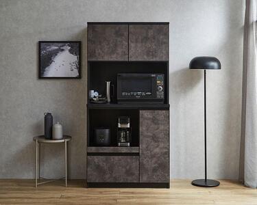 【開梱設置】食器棚 レンジ台 幅88.8cm ナポリ 黒洛 フルカスタム(モイス・コンセント・開き戸耐震ラッチ・開き戸ソフトクローズ・引出ソフトクローズ)キッチンボード 幅90 大川家具