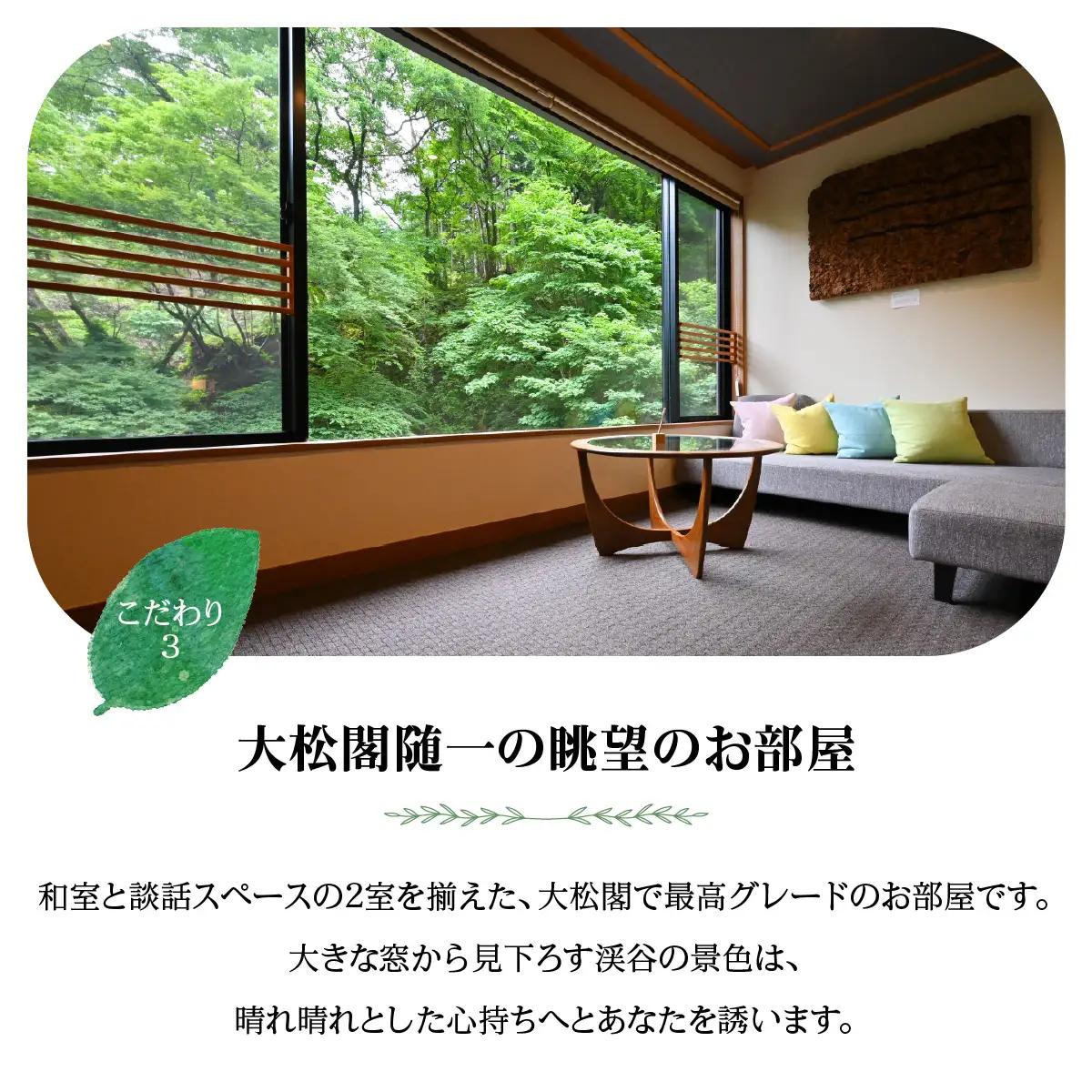 【名栗温泉 大松閣】温泉内湯付き特別室1泊2食付ペア宿泊券 旅行 伝統的 旅館 もてなし 四季折々 美しい 景色 こだわり 自家源泉 展望大浴場 快適 施設 リフレッシュ キッズスペース HNNG00