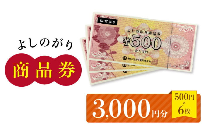 
                  【吉野ヶ里町内で利用できる！】よしのがり商品券3,000円分（500円×6枚） 【吉野ヶ里町商工会】[FBW001]
                