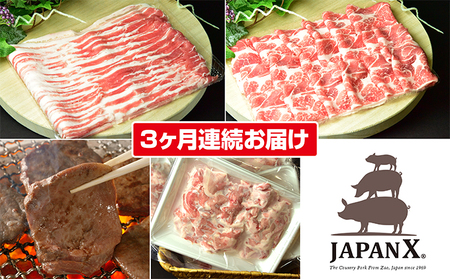 定期便 3ヶ月 JAPAN X 豚肉 ＆ 特選 厚切り 牛タン バラエティ セット 1.7kg ( バラ 肩ロース 小間 牛たん )