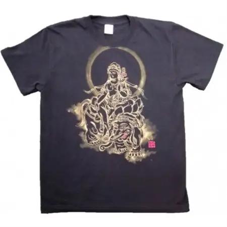 手描きTシャツ 仏画 普賢菩薩 黒 (半袖 XLサイズ)【1615124】