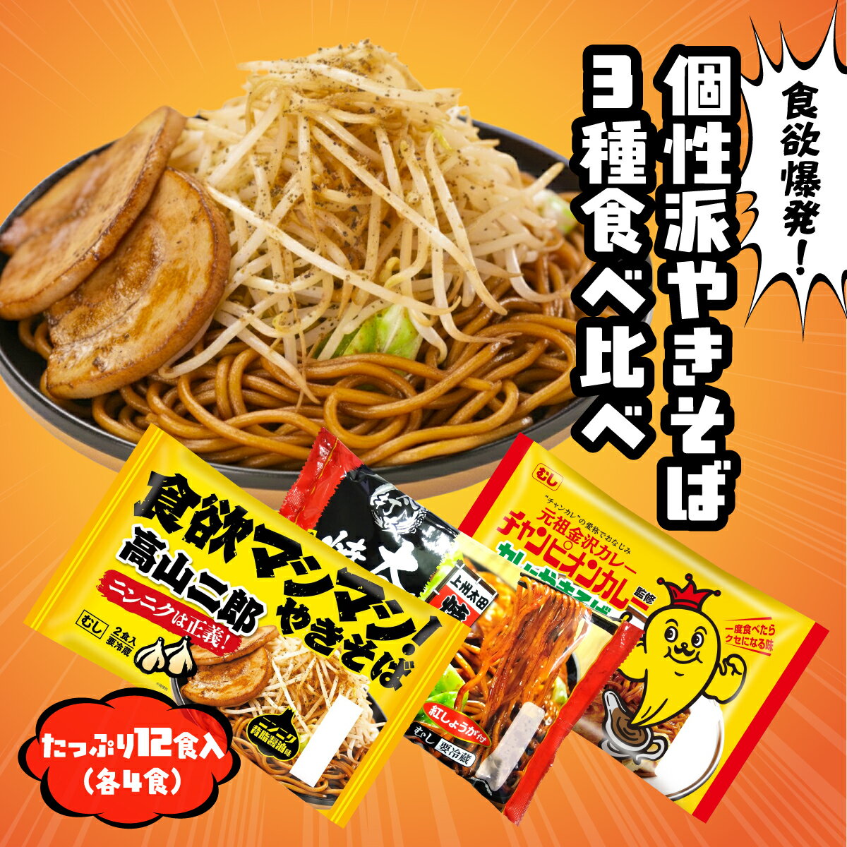【ふるさと納税】焼きそば 食べ比べ 12食分 | やきそば ヤキソバ 変わり種 珍しい ここだけ 大容量 まとめ買い ストック おいしい 美味しい 麺 子ども 簡単調理 時短 G系 ニンニク 背油 極太麺 太麺 コシ 濃厚 こってり カレー 金沢カレー 高山麺業 群馬県 前橋市