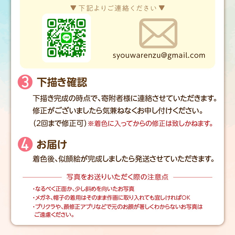 似顔絵ギフト～A4 １名様～「額付き」「手描き水彩画」 イラスト にがおえ 手書き 水彩画 絵の具 絵 飾り 誕生日 七五三 ペット 犬 猫 結婚 記念日 ギフト 贈り物 プレゼント H201-001