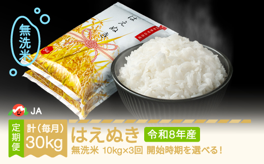 
                  【先行予約】新米 米 はえぬき 毎月定期便 10kg×3回 無洗米 令和8年産 2026年産 山形県村山市産 ja-hamxb10_tm
                