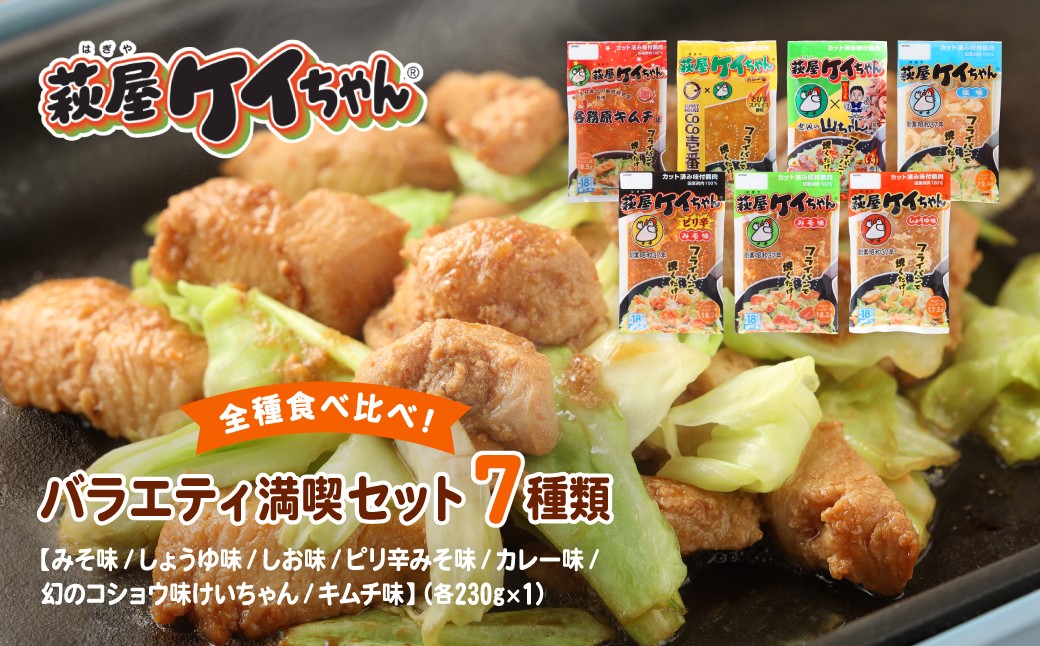 
                  萩屋ケイちゃん 全種食べ比べ！バラエティ満喫セット 7種類（みそ味・しょうゆ味・しお味・ピリ辛みそ味・カレー味・幻のコショウ味・各務原キムチ味）（各230g×1） 簡単調理 味付け鶏肉 下呂市 飛騨の味 ソウルフード けいちゃん お試し
                
