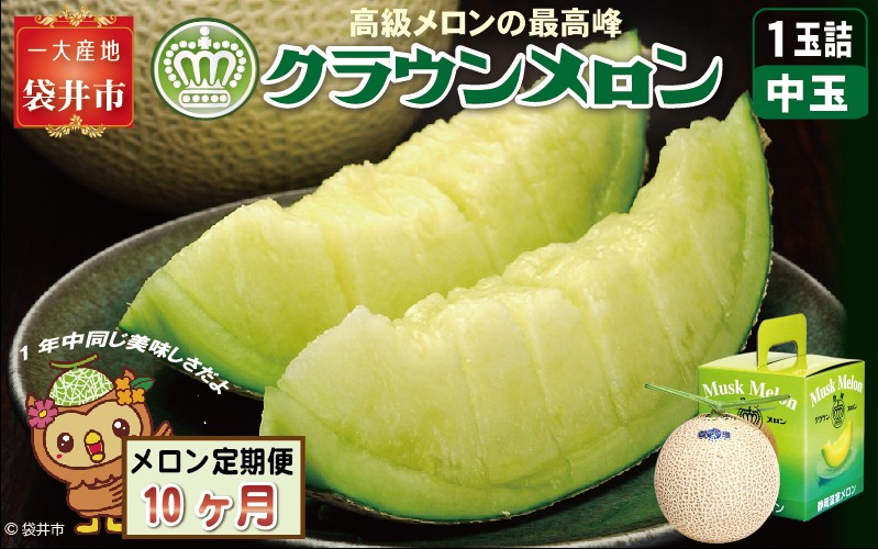 【10ヶ月定期便】クラウンメロン（白等級）中玉　1玉入 　果物 フルーツ デザート メロン マスクメロン 青肉 高級 ギフト 贈り物 静岡県産 袋井市