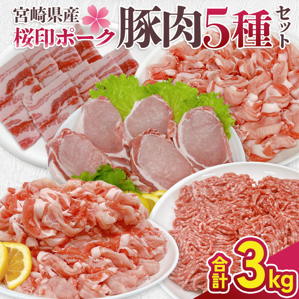 【ふるさと納税】宮崎県産 豚肉 桜印ポーク5種セット (ローススライス / ロースまたは肩ロースカツ / バラ焼肉 / 切り落とし / ミンチ) 合計3000g 3kg 小分け 冷凍 国産 送料無料 九州産 肉 お肉 豚 詰め合わせ