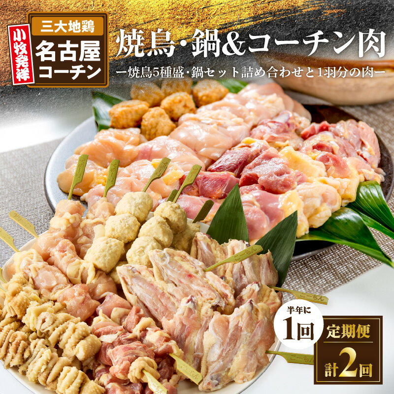 【ふるさと納税】名古屋コーチン焼鳥 名古屋コーチン鍋 名古屋コーチン1羽分 セット 2回 定期便 半年に1回 日本三大地鶏 地鶏 鶏 鶏肉 もも肉 焼き鳥 肉団子 スープ 鍋 鶏鍋 スープ付き 食感 コク 旨み 料理 冷凍 お取り寄せ お取り寄せグルメ 食品 愛知県 小牧市 送料無料