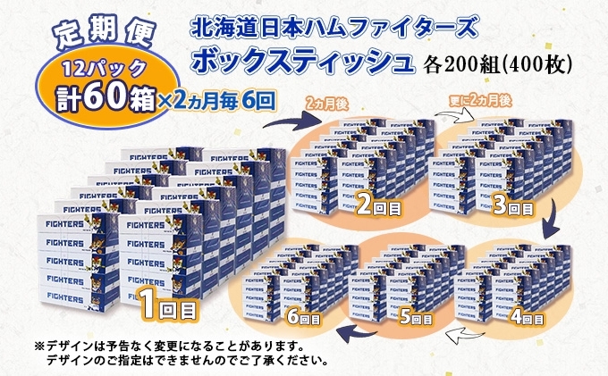 2ヵ月毎 全6回 北海道日本ハムファイターズ ボックスティッシュ 200組 60箱 日本製 まとめ買い リサイクル 紙 防災 常備品 消耗品 生活必需品 大容量 備蓄 ティッシュ ペーパー 日ハム 