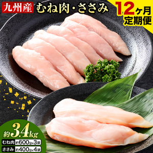 【12ヶ月定期便】 九州産 むね肉（600g×3袋）・ささみ（400g×4袋）鶏肉 お肉 ムネ肉 2種類 小分け 冷凍 詰め合わせ 九州産 国産 熊本県 菊池市 送料無料《お申し込みの翌月から出荷》
