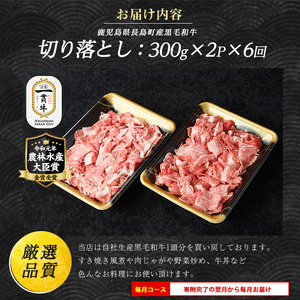 《定期便・毎月全6回》宮路ファームの黒毛和牛切り落とし(300g×2パック) 鹿児島県産 切り落とし 牛肉 すき焼き パック詰め 肉じゃが 牛丼 野菜炒め 農林水産大臣賞 肉 しゃぶしゃぶ 国産黒毛和