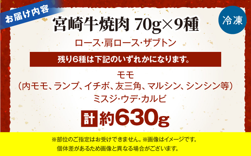 宮崎牛焼肉9種盛（約630g）お肉 肉 牛肉 宮崎牛 ロース 肩ロース ザブトン ミスジ ウデ カルビ モモ 焼肉 冷凍 記念日 誕生日 お祝い ギフト 贈答 プレゼント セット 食べ比べ お取り寄せ