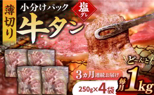 【3回定期便】【塩だれ】九州産和牛の牛タン 約1kg（約250g×4パック）国産 牛タン和牛長与町/岩永ホルモン [EAX081]国産 牛肉 和牛 タン 牛タン 塩だれ牛タン 塩ダレ 牛たん塩 味付き ぎゅうたん ギュウタン 薄切り スライス 味付き 塩 焼肉 焼き肉 冷凍 焼くだけ 簡単調理 小分け 真空 定期便 ていきびん 定期 毎月 届く