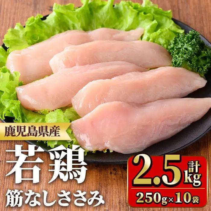 鹿児島県産若鶏筋なしささみ(計2.5kg・250g×10袋) 国産 九州産 鹿児島県産 鶏肉 鳥肉 鶏 とり 若鶏 冷凍 ささみ ササミ 筋なし 小分け 真空 【TRINITY】_y533