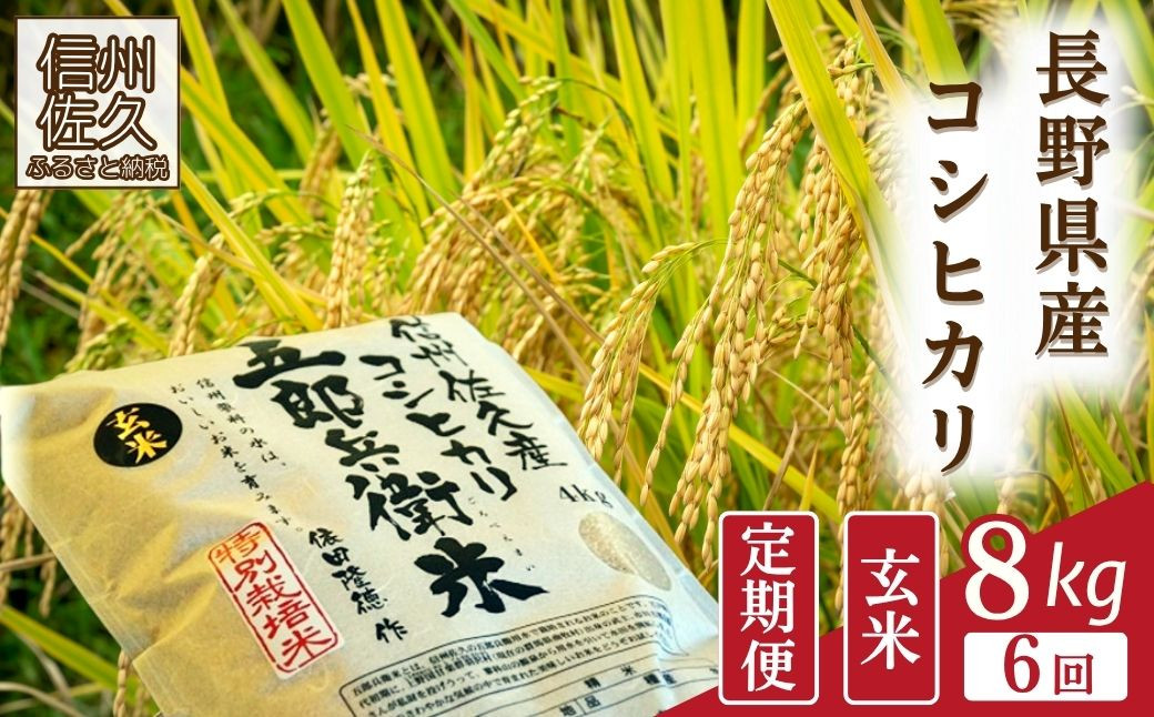 
                  【令和8年産・玄米8kg×6カ月定期便】特別栽培米　五郎兵衛米 〈2026年9月下旬頃～順次発送〉 先行予約　新米　信州　こしひかり【 米 コメ 玄米 お米 こめ おこめ 予約 備蓄品 コシヒカリ 長野県 佐久市 】
                