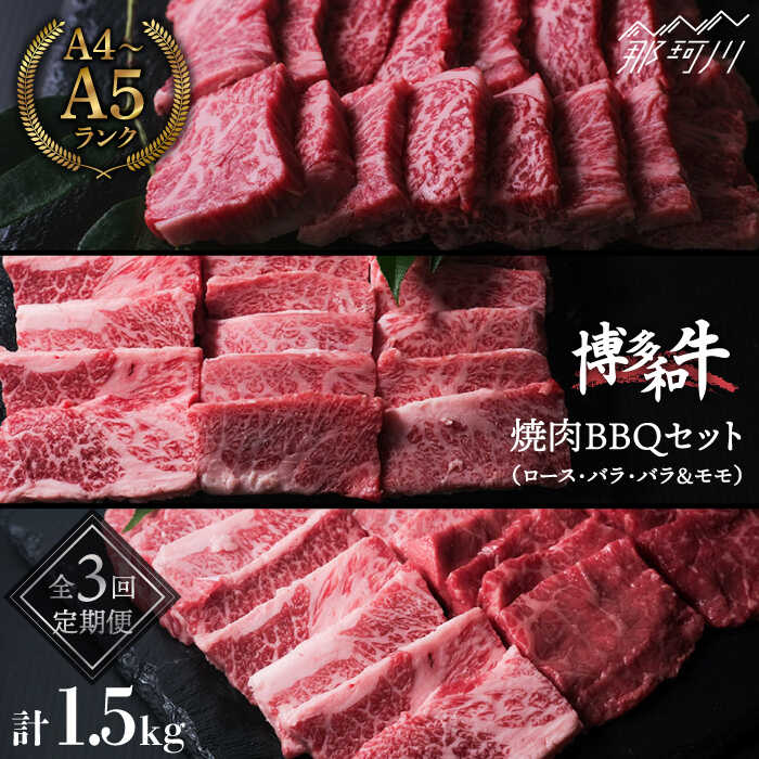 【ふるさと納税】【全3回定期便】博多和牛 牛肉 焼肉 BBQ 定期便＜肉のくまもと屋＞那珂川市 | 定期便 牛肉 肉 黒毛和牛 ブランド牛 国産 BBQ バーベキュー 和牛 セット もも バラ 定期便 ロース A5ランク[GBI047] 50000 50000円 5万円 以上