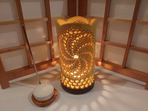 竹製キャンドルホルダー 曼荼羅Ｊ-2(表皮剥ぎタイプ)／竹あかり 癒し おうち時間 キャンプ