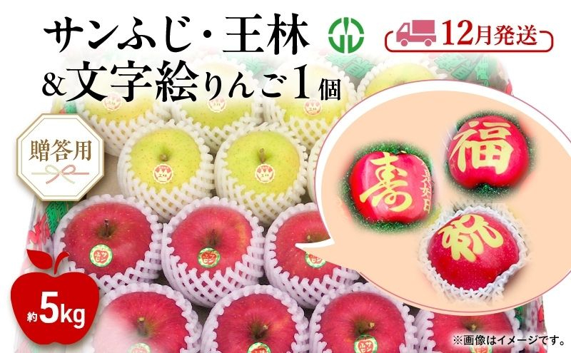 
                  [№5554-0247]りんご 【 12月発送 】 贈答用 サンふじ ・ 王林 ＋ 文字絵入りりんご1個 約 5kg
                