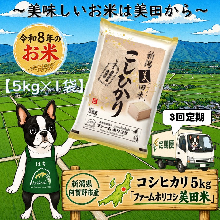 【令和8年産新米】【3ヶ月定期便】阿賀野市産 コシヒカリ 「ファームホリコシ美田米」 5kg×3回 10月上旬頃より発送開始予定 3H19034