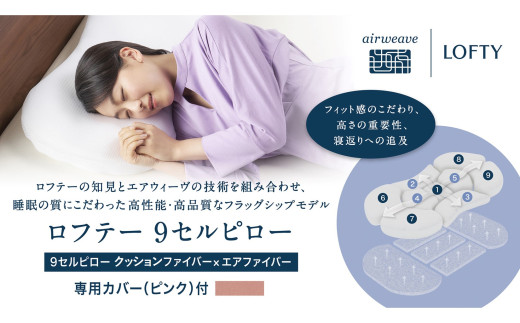 （エアウィーヴ グループ）ロフテー「9セルピロー クッションファイバー×エアファイバー（専用カバー：ピンク）」（186-2）高さ：1号 