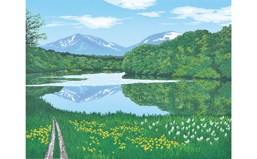 「月山と五色沼」白【 版画 額付 小川手漉和紙 小暮真望 東松山 埼玉県 】