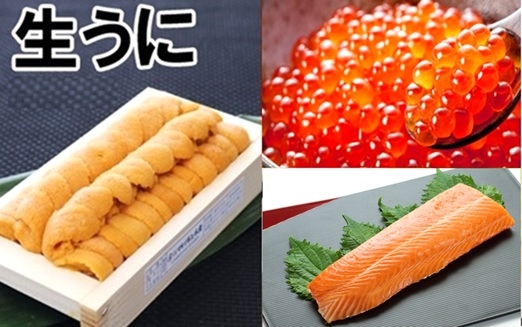 
                  E-71042 エゾバフンウニ140g×1折、いくら醤油漬け(鱒卵)150g×1P、お刺身サーモン300g～500g(1～3本)[11月下旬以降発送]
                