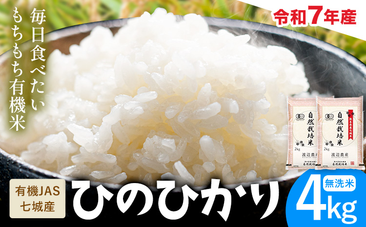 令和7年産 有機JAS 七城産ひのひかり 無洗米 4kg《30日以内に出荷予定(土日祝除く)》 渡辺農産熊本県 菊池市 米 お米 精米 ひのひかり 菊池市産 熊本県産 九州産 送料無料---171-1