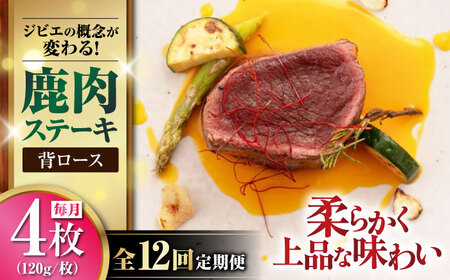 【全12回定期便】鹿肉 背ロース 120g×4枚 《喜茂別町》【EBIJIN】 ジビエ 鹿 ロース ステーキ ステーキ用 赤身 冷凍 冷凍配送 [AJAO039]