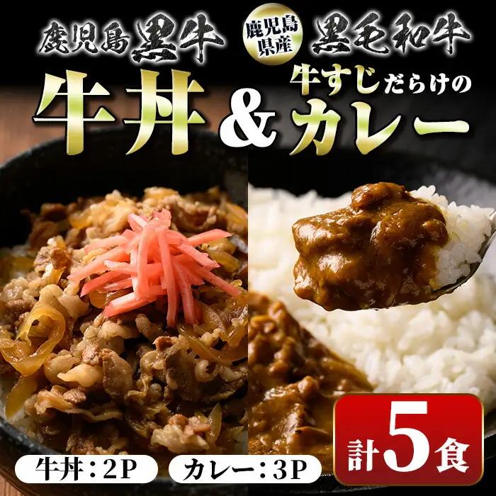 【A91028】鹿児島黒牛 牛丼 ＆ 牛すじだらけのカレーセット(130g×5P 牛丼2P カレー 3P) レトルト 冷凍【新村畜産】