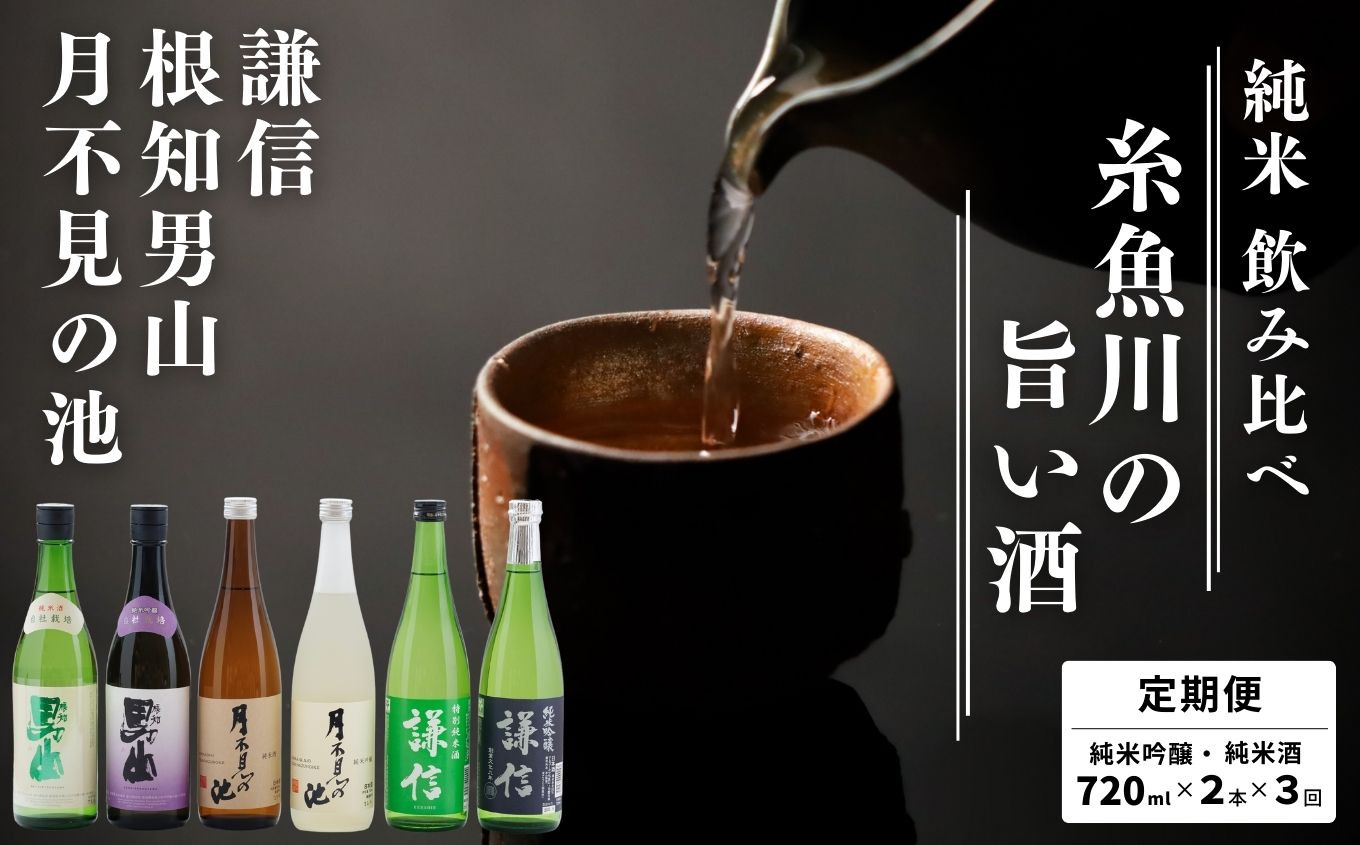 
            【定期便】糸魚川の純米酒飲み比べセット 720ml×2本×3回 計6本 毎月発送 謙信 根知男山 月不見の池 贈答 地酒 新潟県 糸魚川市 純米吟醸 4合瓶 辛口 純米酒 さけ 酒 3ヶ月 3か月
          