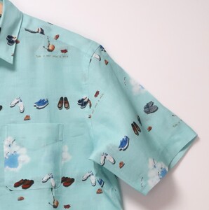 CLOFT 麻100％半袖プリントシャツ”たまにはぼっーとしようよ！”（C/＃23 アクアブルー） L 0139-028-S07-5