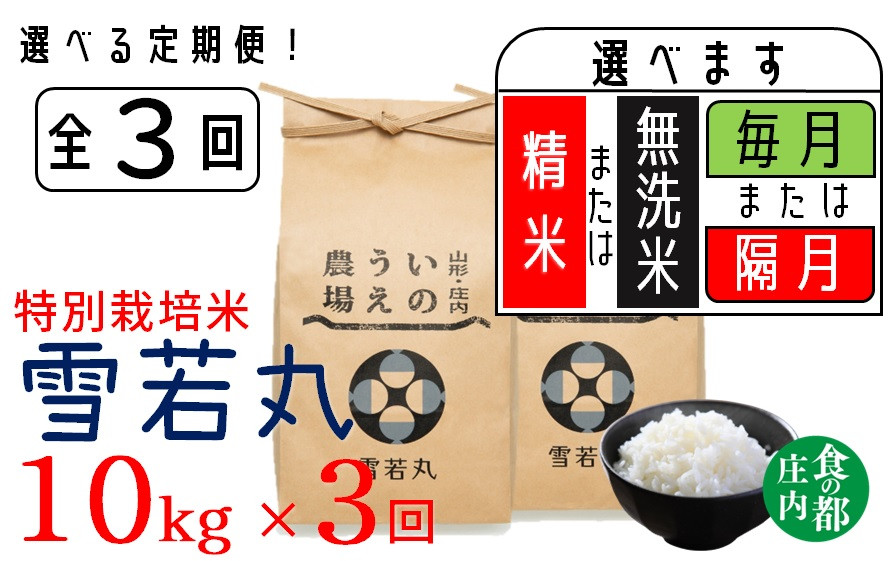
                  食の都庄内　【定期便3回】井上農場の特別栽培米　雪若丸10kg×3回（計30kg）【隔月】【毎月】【精米】【無洗米】選べます！
                