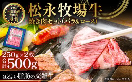 松永牧場牛（交雑牛）ロース＆バラ 焼肉セット （各250g）【焼肉 ロース 牛肉 国産 交雑牛 まつなが牛 バラ 焼き肉 やきにく 焼肉用 500g 1パック 贈答 ギフト 美味しまね認証】