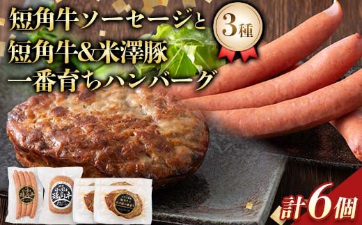 山形県産短角牛ソーセージと短角牛＆米澤豚一番育ちハンバーグ3種6個詰合せ（ソーセージ4本入 1個 ハンバーグ 4個 ボロニアソーセージ 1個） F2Y-6536