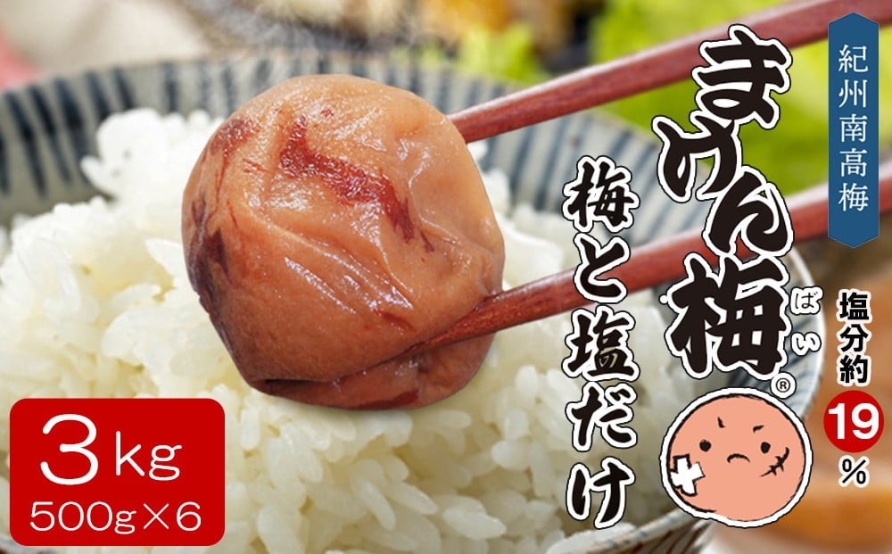 
            まけん梅(R) 梅と塩だけ 3kg(500g×6) 塩分約19％ 梅干し 紀州南高梅 B-206
          