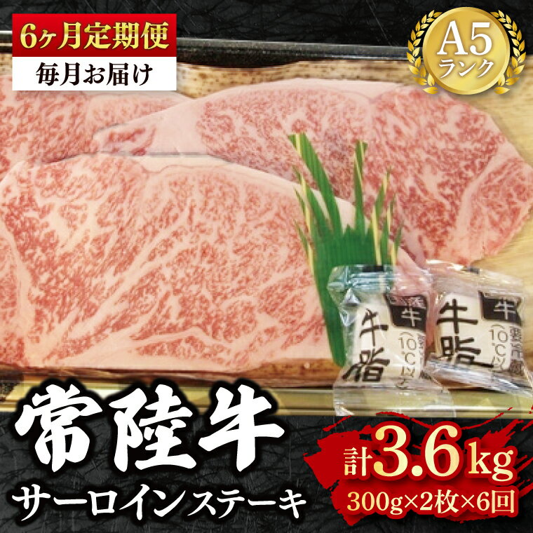 【ふるさと納税】【6か月定期便】【常陸牛 A5ランク】サーロインステーキ　600g（300g×2枚） 冷凍 国産牛 和牛 牛肉 茨城県 水戸市 国産 老舗精肉店（EK-2_2）