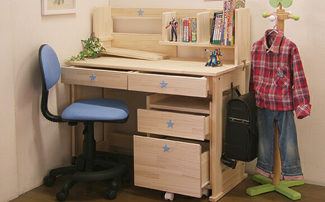 ハンドメイド 学習机「オールスター」パイン材 ワゴン・本立て付き 3点セット