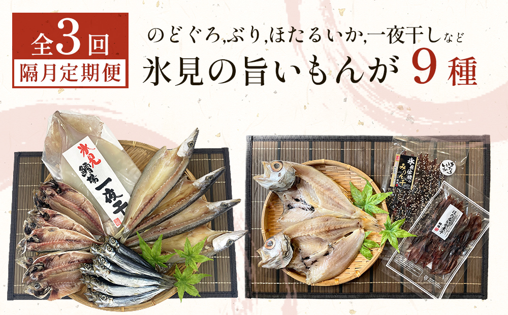 【定期便全３回隔月お届け】 「のどぐろ」「氷見ぶり」「ほたるいか」「氷見産一夜干し」など氷見の旨いもんが９種！ 富山県 氷見市 ノドグロ ホタルイカ ブリ 魚介 冷凍 詰め合わせ