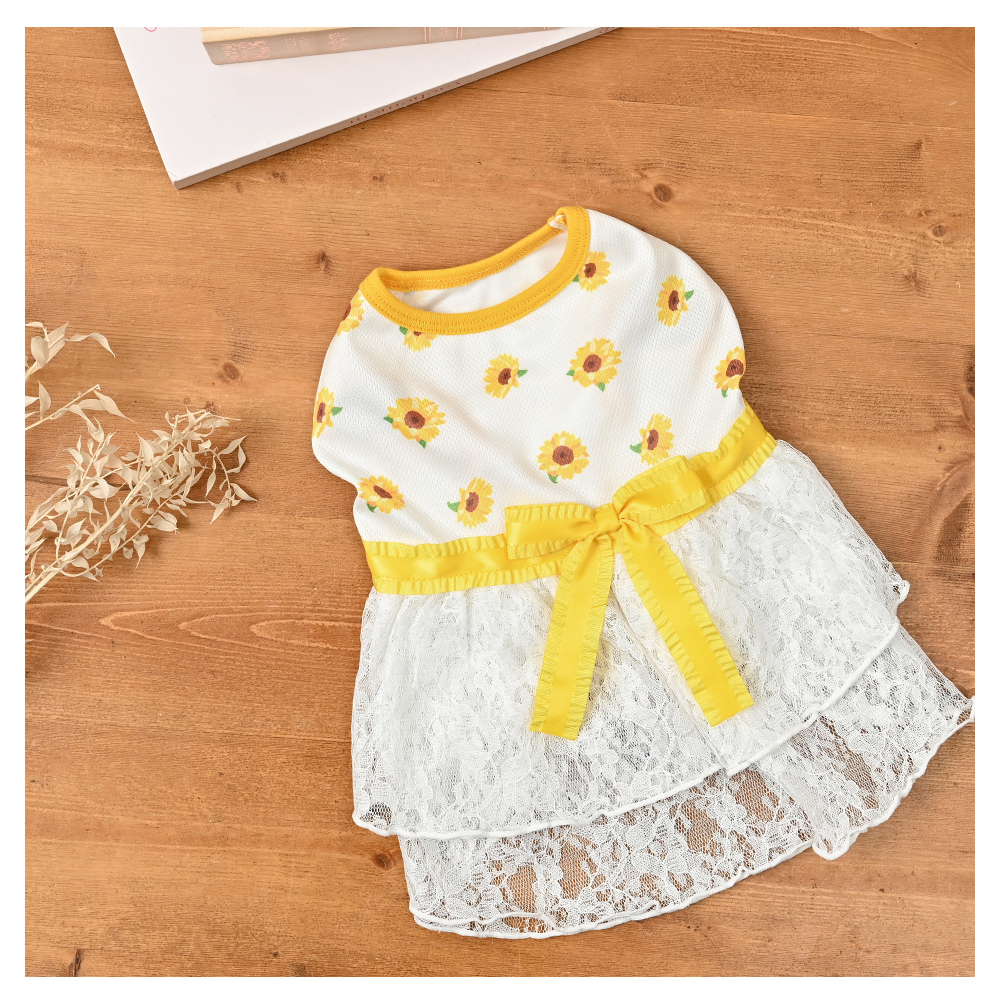 ひまわりレースフリルワンピース メッシュ 向日葵 花柄 イエロー (L) ドッグウェア【ココアトワ(cocoAtoi)】
