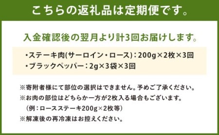 【3回定期便】熊本県産 黒毛和牛 サーロイン・ロース ステーキ 400g ブラックペッパー付 牛 肉