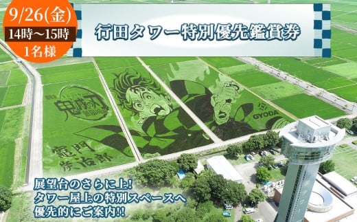 No.494-02 行田タワー特別優先鑑賞券（1名様）【9/26（金）14時～15時】 ／ 古代蓮 田んぼアート 混雑時期限定 特別プログラム 優先的 大迫力 チケット 見学 観光 思い出 お土産 埼玉県