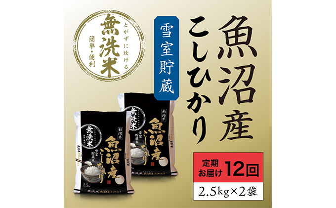 雪室貯蔵 魚沼産 コシヒカリ 無洗米 5kg (2.5kg×2) 12ケ月 連続お届け ( 米 定期便 お米 こめ コメ おこめ 白米 こしひかり 12回 60kg お楽しみ ) 新潟県
