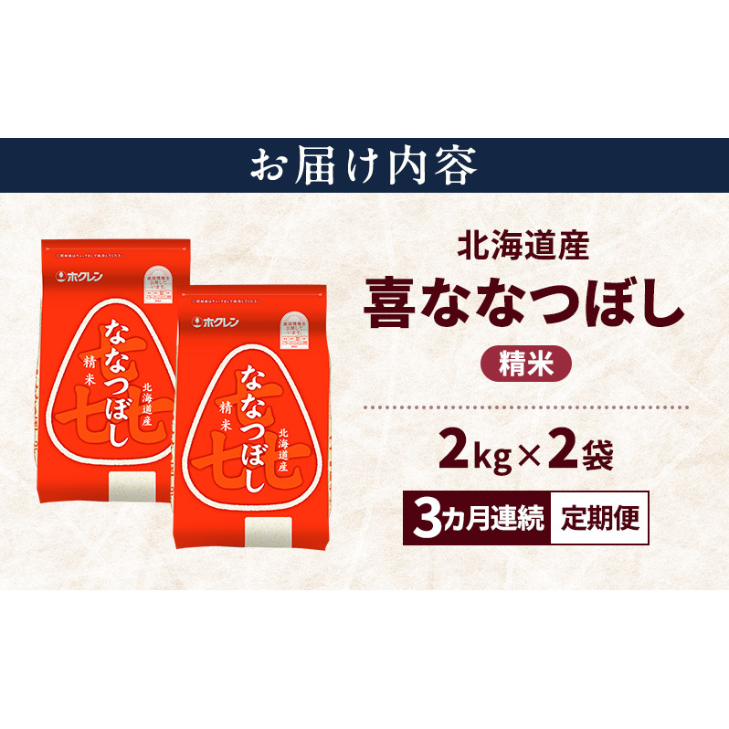 【3ヵ月連続定期便】北海道産 喜 ななつぼし 精米 4kg 米 特A 獲得 白米 ごはん 定期便 定期配送 3ヵ月 道産米 ブランド米 4キロ お米 ご飯 米 北海道米 JAふらの ホクレン ホクレン