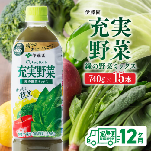 【12ヶ月定期便】 伊藤園 充実野菜 緑の野菜ミックス ペットボトル 740g×15本 【 飲料類 ソフトドリンク 野菜ジュース 】 宮崎県川南町