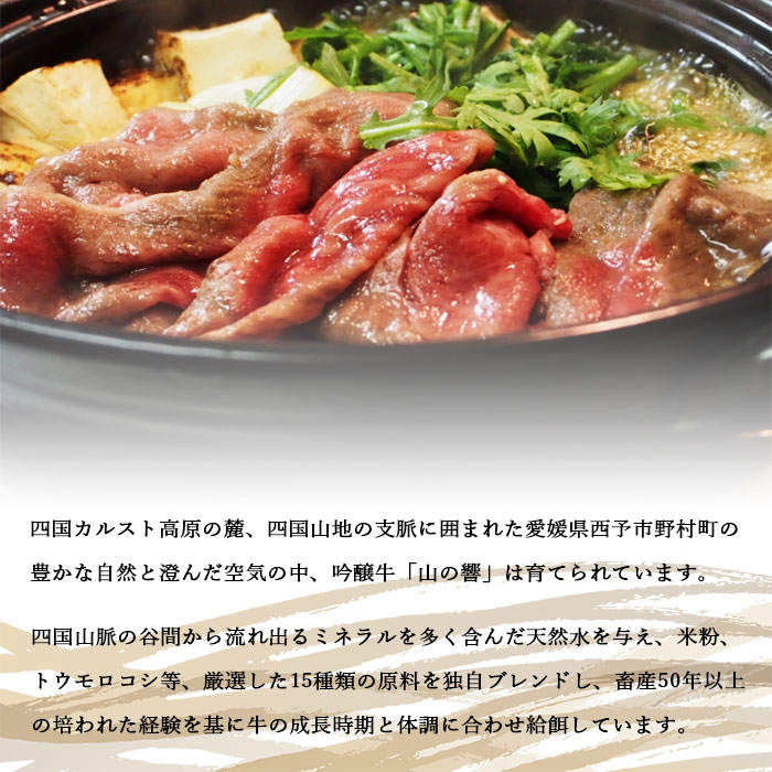 ＜愛媛県産吟醸牛「山の響」特選和牛すき焼き・うす切り焼肉 800g＞ 牛肉 国産 黒毛和牛 すきやき 焼きしゃぶ 薄切り スライス ウデ モモ バラ グルメ お祝い 御祝 お礼 御礼 食材 特産品 高橋畜産 愛媛県 西予市