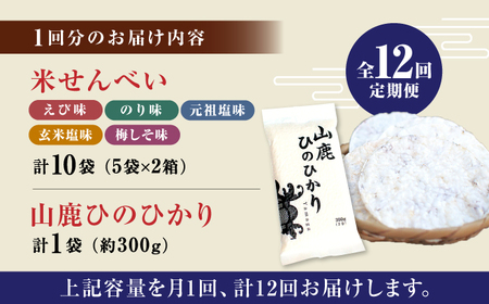 【12回定期便】【こだわり抜いた厳選素材】米せんべい（えび味、のり味、元祖塩味、玄米塩味、梅しそ味） &amp; ヒノヒカリ のセット 【せんべい工房】[ZBQ005]